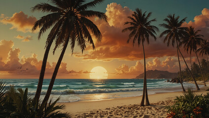 Artistic abstract summer collage palm trees beach scenery in sunset hues vintage charm vibrant tropical textures