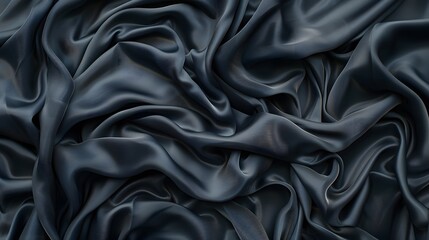 Fototapeta premium Luxurious Black Satin Fabric Background. Abstract Texture of Flowing, Smooth Drapery