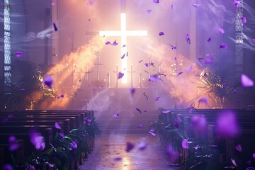 Obraz premium Church altar filled with vibrant lights and smoke, with purple petals falling from the ceiling. Perfect for themes of celebration and spiritual ambiance.