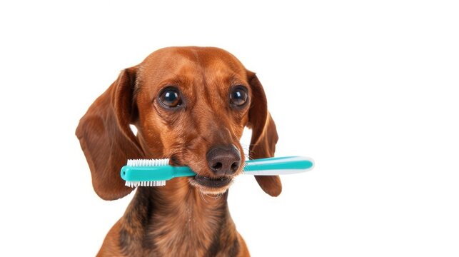 Dachshund dog promoting dental hygiene with toothbrush in mouth front view