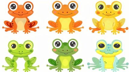 Naklejka premium Bright and cheerful kawaii frogs clip art collection, featuring frogs with oversized eyes and happy expressions, on white