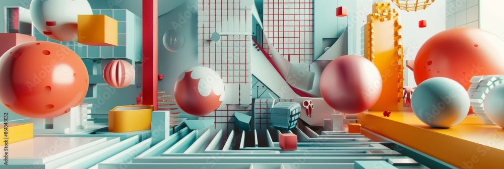 Poster a geometric wonderland with various shapes and elements arranged in seemingly chaotic yet visually a