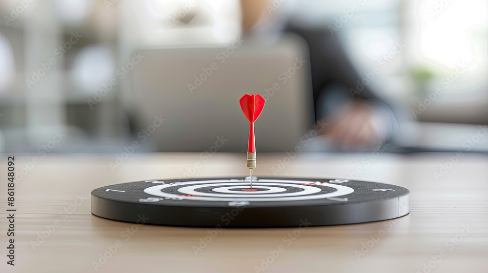 Poster a red dart hits the bullseye of a dartboard in an office setting