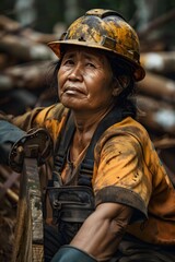 Fototapeta premium An elderly Asian woman working as a lumberjack in a yellow helmet against a background of fallen trees