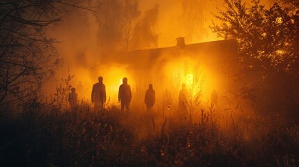 Scary creepy zombie village background scene for Halloween and other gothic dramatic projects. Spooky atmosphere style with zombies. Walking dead people