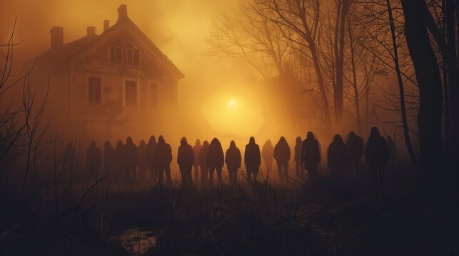Scary creepy zombie village background scene for Halloween and other gothic dramatic projects. Spooky foggy mist atmosphere style with zombies.  Walking dead people