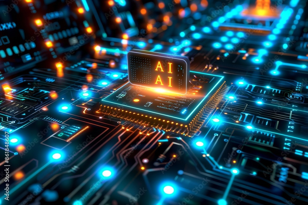 Poster ai microchip on circuit board with glowing elements, symbolizing technological innovation and connec