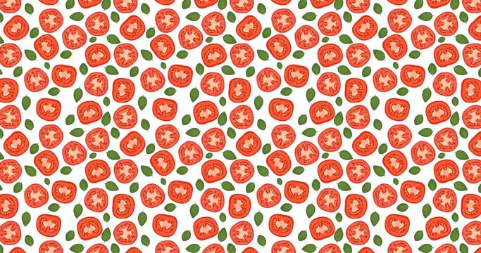 4K animated pattern of tomato slices and basil leaves moving from top to bottom. Tomato and basil in a hand-drawn style creating a repeatable background. Horizontal video.