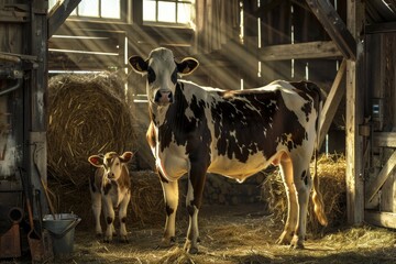 Farm Life with a Cow and Calf in a Rustic Barn, Surrounded by Hay Bales and Farming Tools