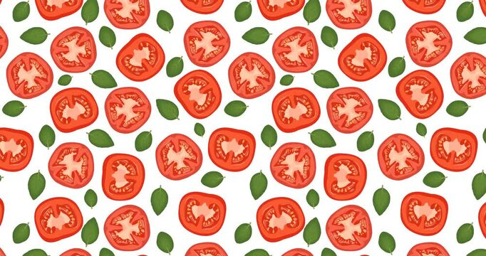 4K animated pattern of tomato slices and basil leaves moving from left to right. Tomato and basil in a hand-drawn style creating a repeatable background. Horizontal video.