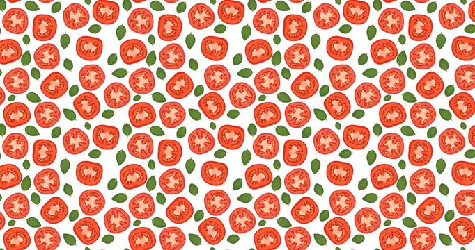 4K animated pattern of tomato slices and basil leaves moving from left to right. Tomato and basil in a hand-drawn style creating a repeatable background. Horizontal video.