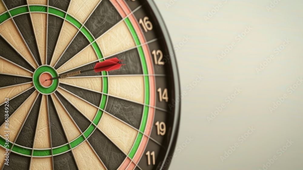 Poster a close-up shot of a dartboard with a single red dart stuck in the center bullseye