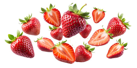 Strawberries and sliced strawberry flying in the air, isolated on white background. Falling...