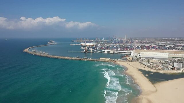 Aerial video of Ashdod port during a sunny day