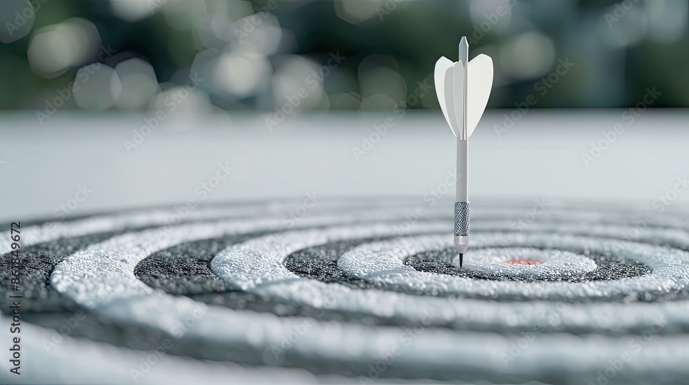 Poster a silver dart is perfectly centered in the bullseye of a black and white target. the target is cover