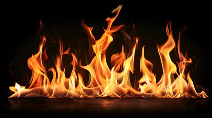 Fototapeta premium Raging fire flames on black background. Concepts of danger, heat, burning, inferno, and energy.