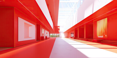 Fototapeta premium Vibrant red paint adds a pop of color to the sleek and modern interior of the newly renovated art museum