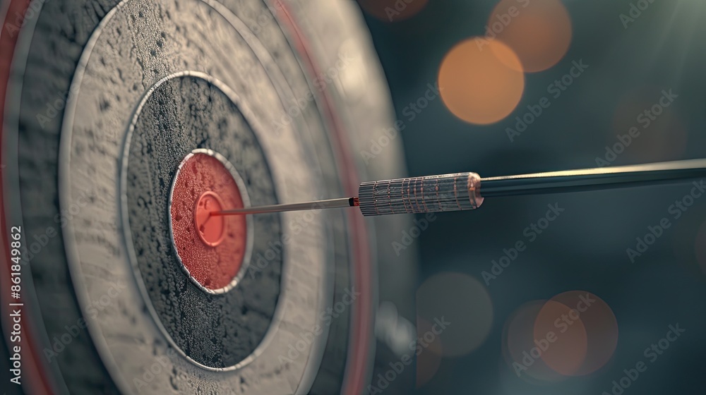 Poster a dart sticks into the bullseye of a weathered, circular target. the target is in focus, while the b
