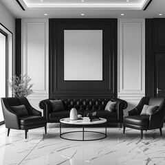 An elegant black and white theme with plush sofas and chairs, adorned with decorative house models and surrounded by white empty text frames, punctuated by intriguing 3-D raider ar