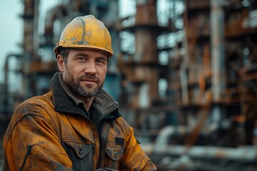 A man wearing a yellow hard hat and protective clothing works in an industrial facility, surrounded by large industrial machines and equipment, exuding a sense of diligence.