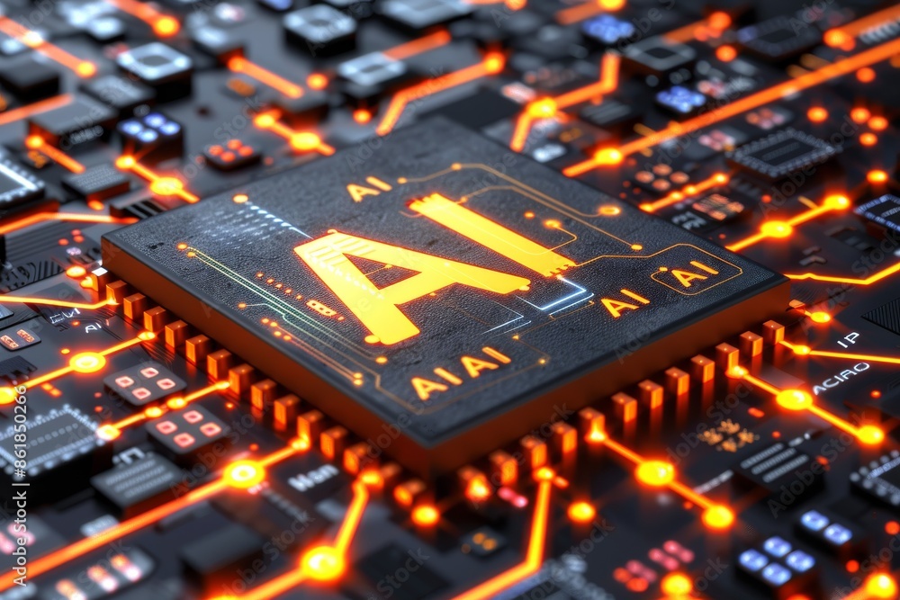 Poster ai microchip on circuit board with glowing elements, symbolizing technological advancement