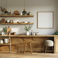 Design a multi-functional kitchen with a built-in desk area for meal planning and recipe organization in the kitchen interior background, house model, white empty text frame, 3-d r