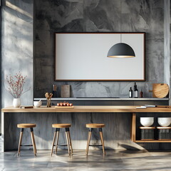 Design a multi-functional kitchen with a built-in desk area for meal planning and recipe organization in the kitchen interior background, house model, white empty text frame, 3-d r