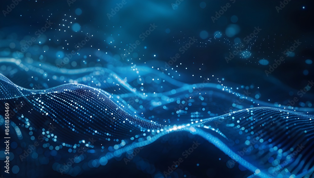 Poster abstract blue digital wave background with glowing dots and lines for technology, data science or in