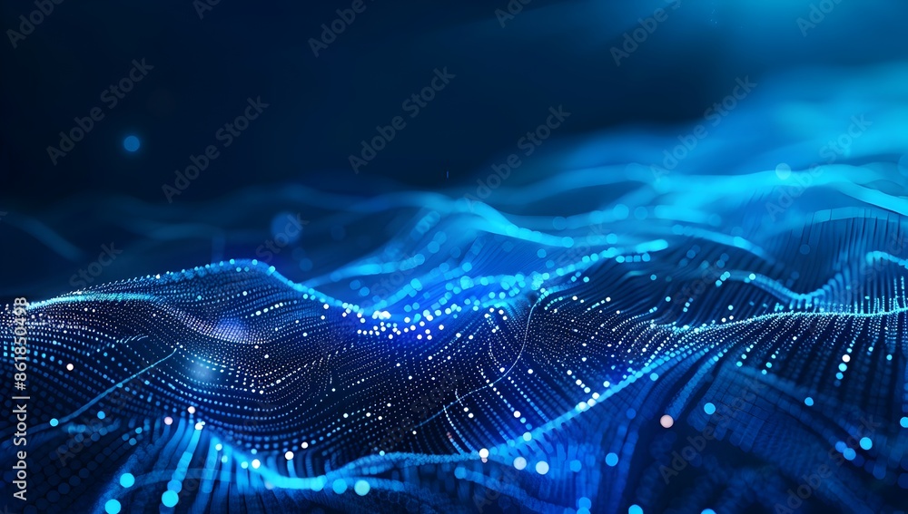 Poster abstract blue digital wave background with glowing dots and lines for technology, data science or in