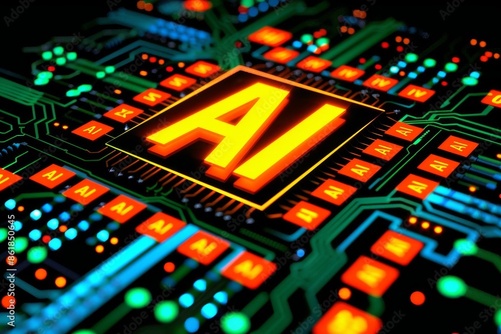 Poster ai processor on circuit board with glowing elements, high tech innovation and digital connectivity