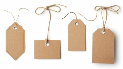 Four blank brown paper tags with twine, isolated on a white background