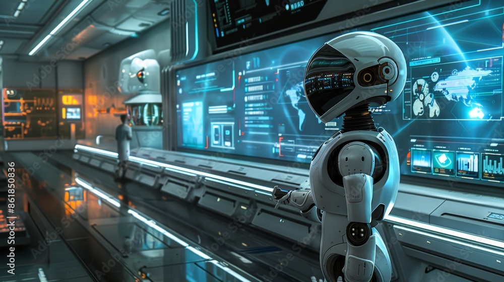 Poster futuristic ai robot in high-tech environment seamlessly interacting with humans