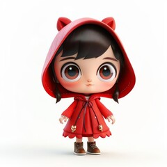 3D modeling in kawaii style of Little Red Riding Hood, featuring oversized eyes and cute expressions, on a white background