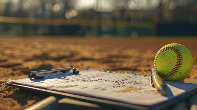 Softball Coach's Clipboard with Game Notes and Strategies on Bench During Practice Session
