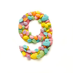 The number one is made of candies in the form of Easter eggs, isolated on a white background, the image is suitable for decorating important dates, celebrations.