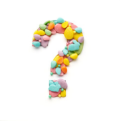 The question mark is made of candies in the form of Easter eggs, isolated on a white background, the image is suitable for decorating important dates and celebrations.