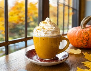 Cup of pumpkin spice latte in a coffee shop during the fall; coffee, pumpkins, fall foliage, cafe