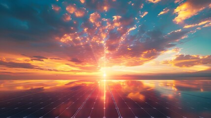 Sunset reflecting on solar panels with dramatic clouds in sky. Concept of renewable energy, sustainability and environment.