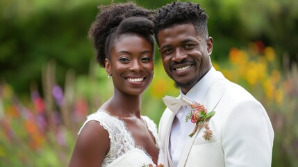 A groom and bride smile at the camera during their wedding