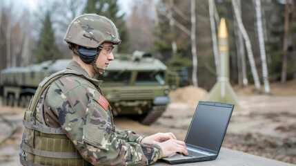 A soldier in camouflage uniform and helmet uses a laptop computer outdoors at a military training site