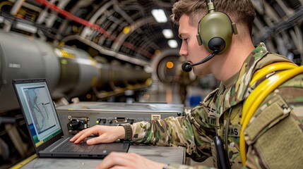 An airman works on a laptop computer in the bay of an aircraft, with a large bomb visible in the background