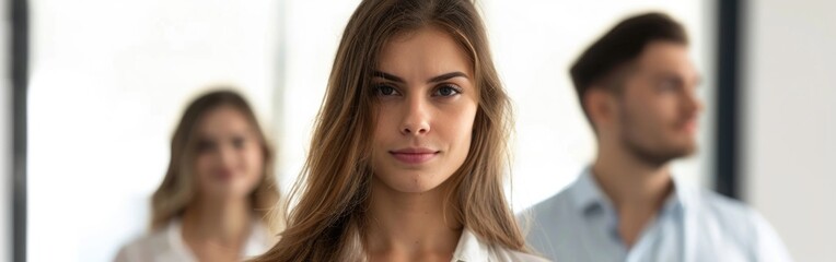 Naklejka premium Hilarious manager looking at camera. Colleagues standing behind her. Portrait