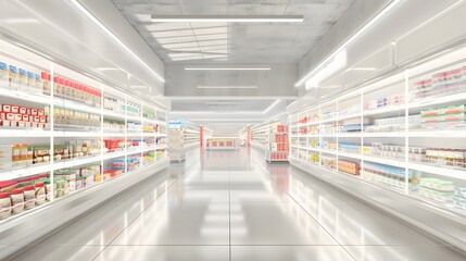 Obraz premium Brightly lit, clean, and fully stocked grocery store aisle. Concept of shopping, retail, consumerism, and abundance.