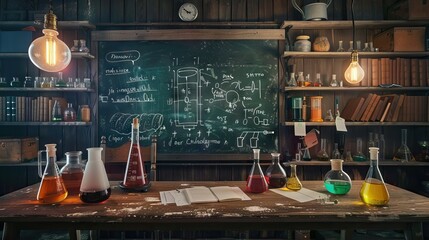 Science blackboard with math. Real physical equations of relativity theory, string theory and quantum mechanics. AI generated illustration
