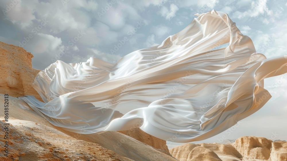 Poster a piece of fabric is elegantly dd over a rugged desert dune creating a stark contrast between soft a