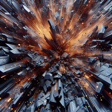 Explosive abstract geometric background with a crushing surface effect, rendered in detailed 3D for a powerful visual impact. Illustrations