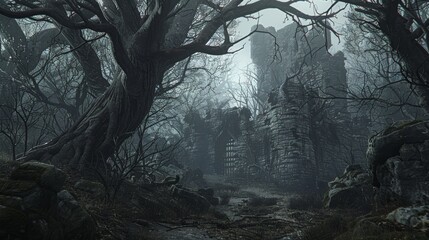 Eerie Haunted Forest Path Leading to Old Crumbling Stone Castle in Ghostly Mist