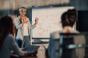 Senior businesswoman coaching her female team at conference room.