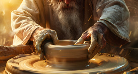 An Elderly Man Throwing a Pot of Clay on the Potters Wheel 