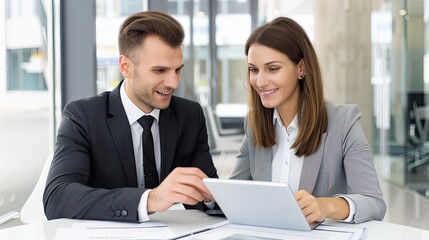 Two business professionals, a man and a woman, are seated at a desk in a modern office setting, discussing something on a tablet